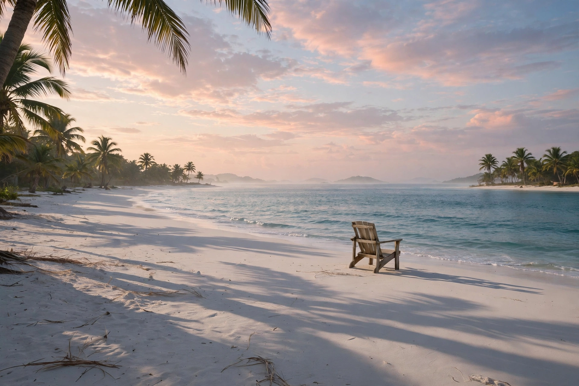Playa caribeña tranquila al amanecer, con palmeras, mar turquesa y un cielo en tonos rosados