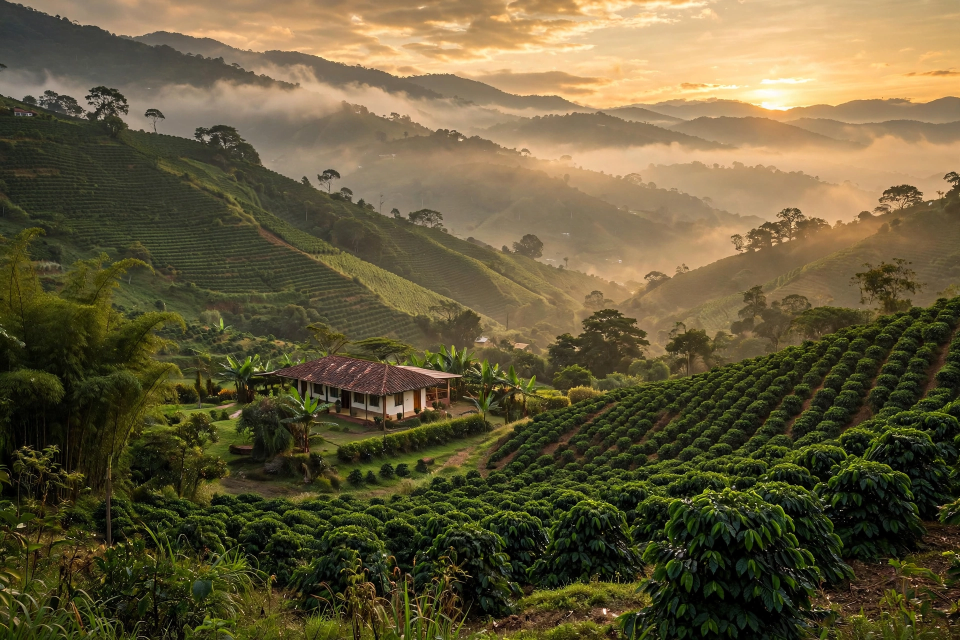 Paisaje montañoso de la región cafetera de Colombia, con colinas verdes y cafetales al amanecer