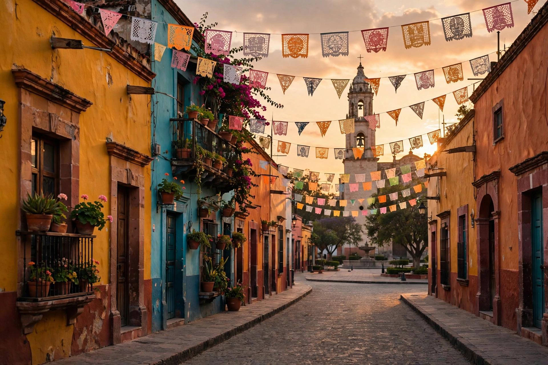 Calle colonial mexicana colorida con fachadas de tonos vivos, balcones tradicionales y ambiente festivo
