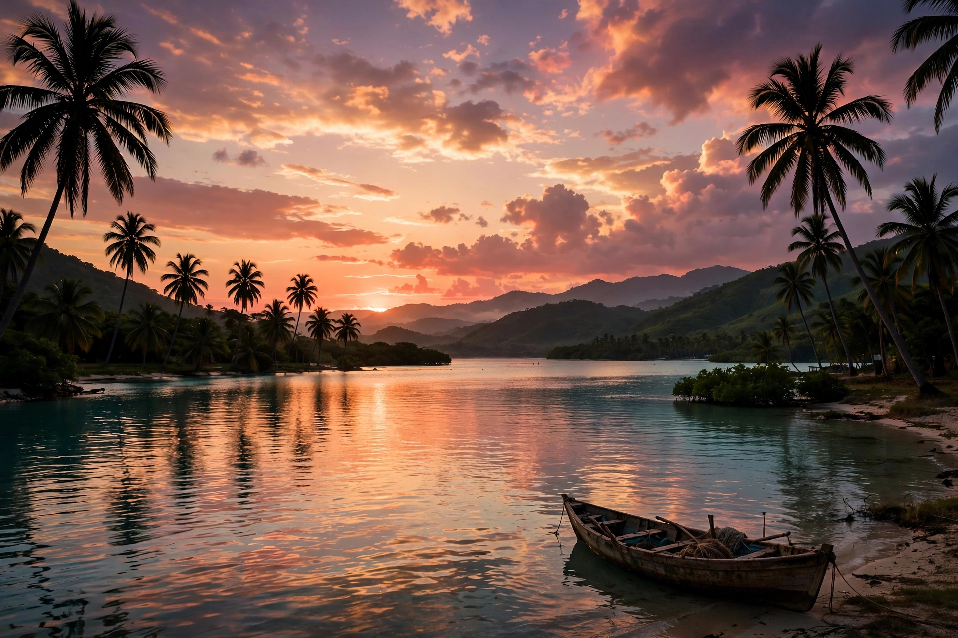 Atardecer sobre la bahía de Samaná en República Dominicana, con palmeras y el mar Caribe en tonos dorados